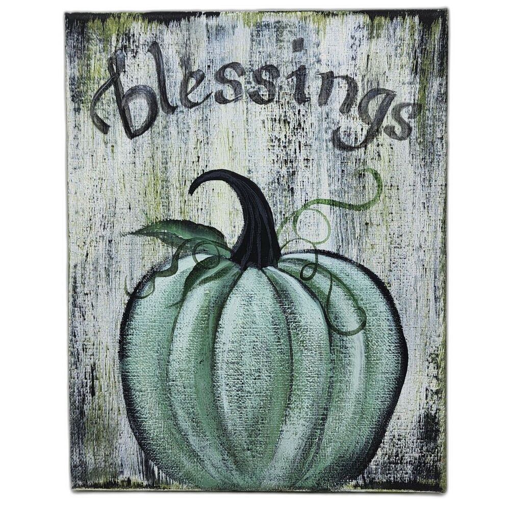 Teal Fall Blessings Pumpkin Original Rustic Painting